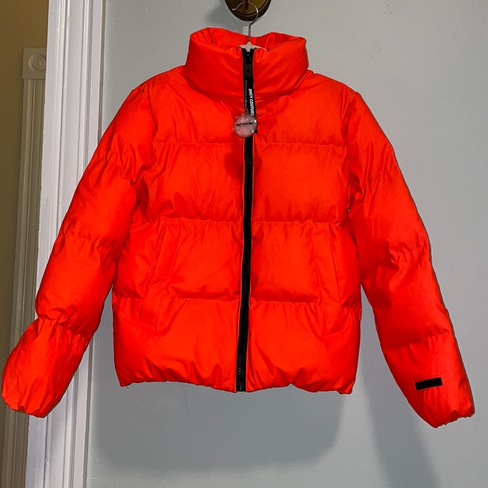 Juicy Couture Black label bright orange puffer winter jacket size small.…